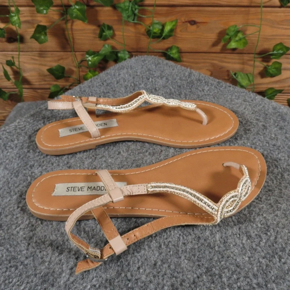 Steve Madden Pristine Womens 6.5 Nude Leather Thong Sandal Casual‎ Dressy Flat